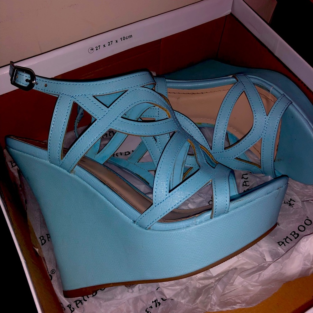 Baby blue wedge sandals